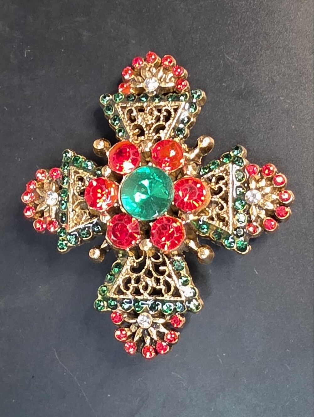 Vintage-Inspired Gold Cross Brooch with Red and Emerald Crystals